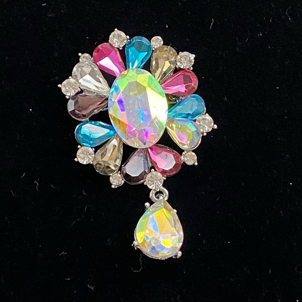 Silver Drop Crystal Rose Flower BROOCH Pin Badge Diamante Rhinestone Corsage